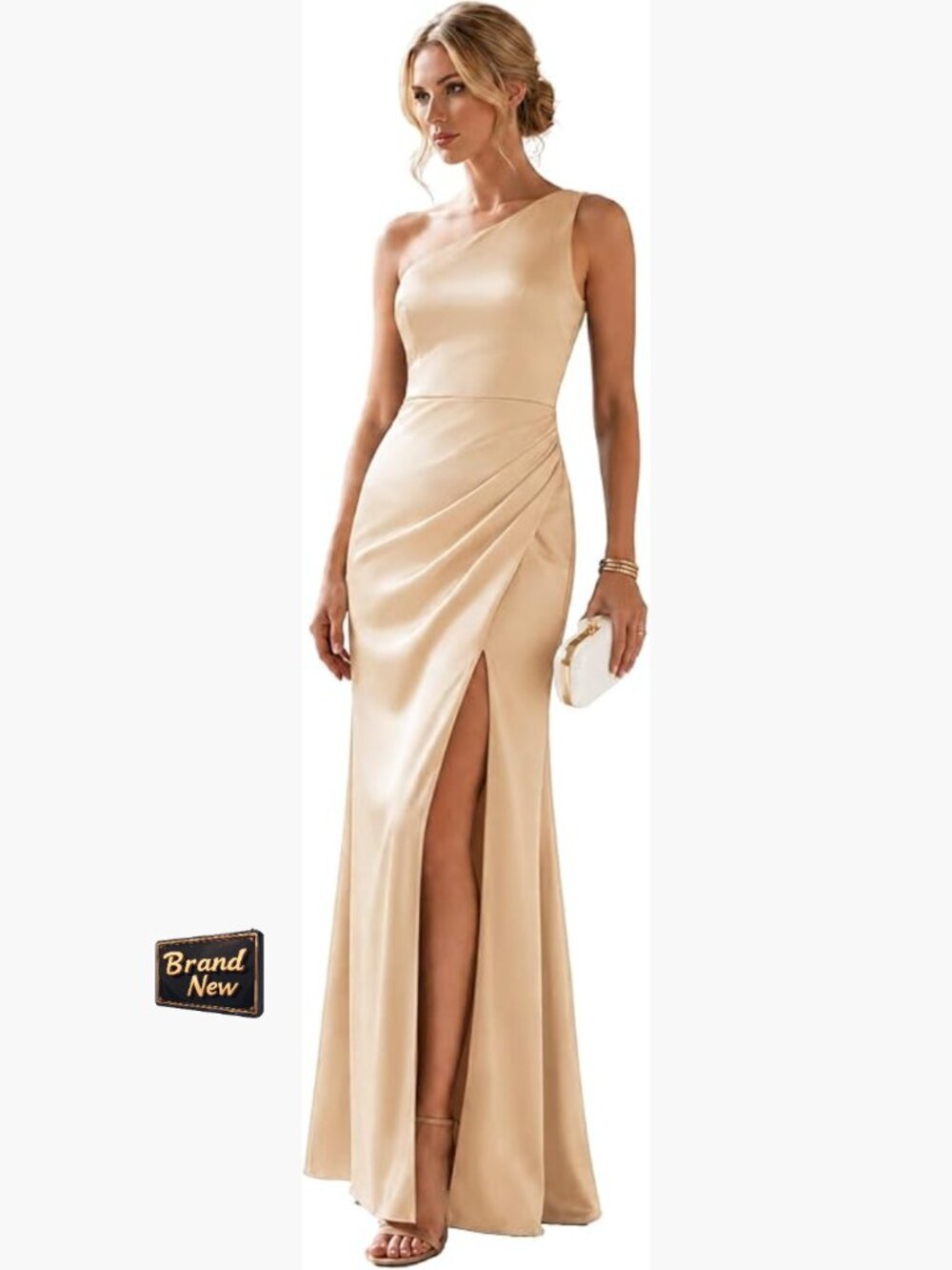 One Shoulder Maxi Dress Satin Sheath Formal Wedding Guest